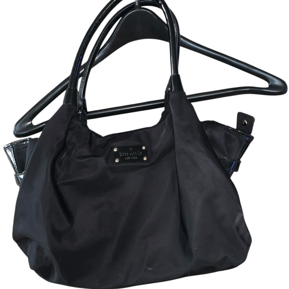 Kate Spade Stevie Black Nylon Patent Leather Trim Satchel Bag white lining